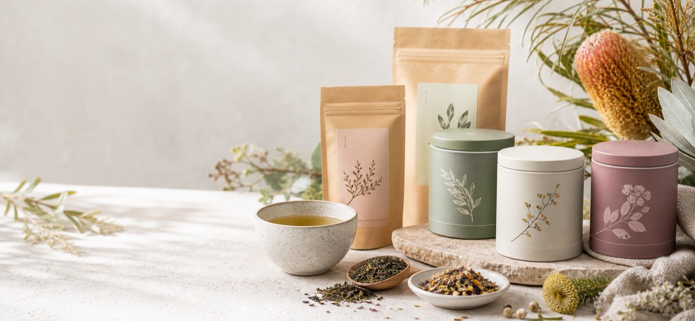 明亮桌面上的茶罐、茶包和茶杯
